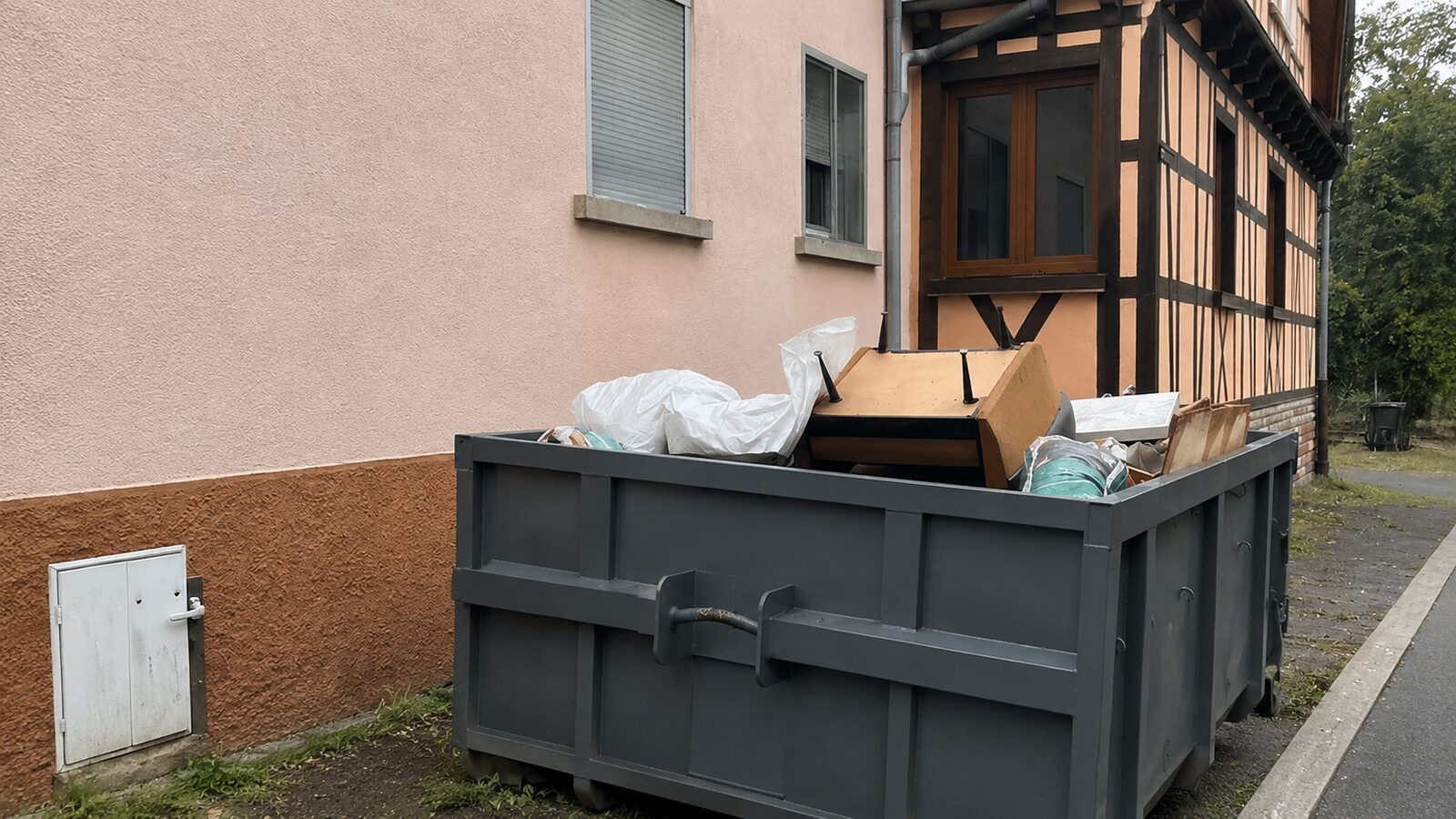 Benne remplie d'encombrants et de mobilier devant une maison