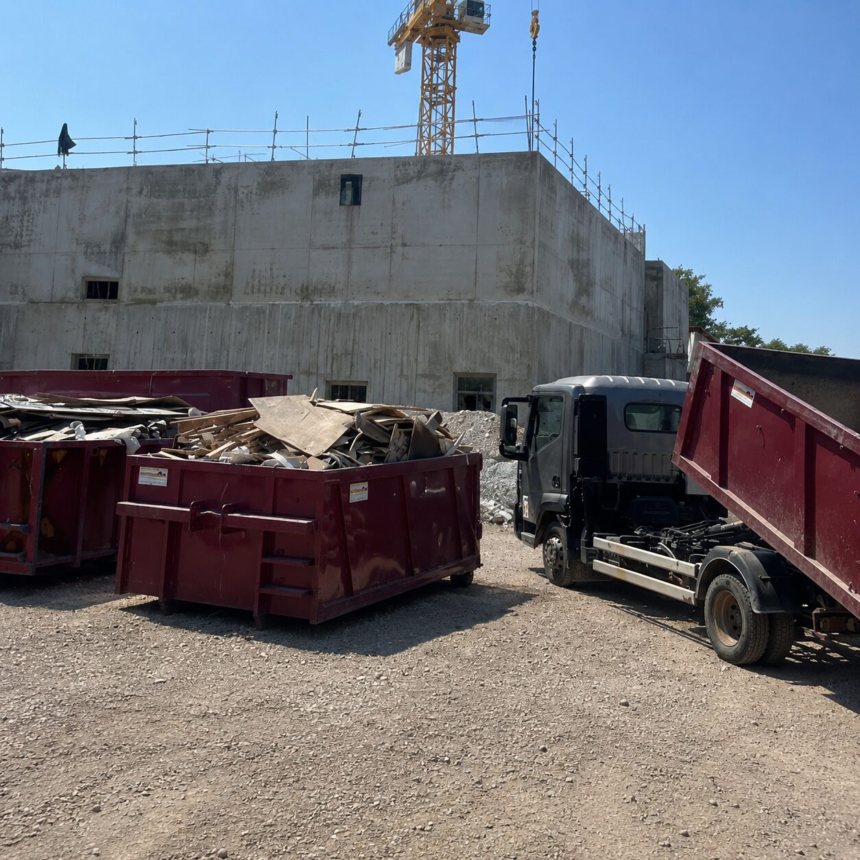 Bennes à gravats remplies de déchets inertes sur un chantier