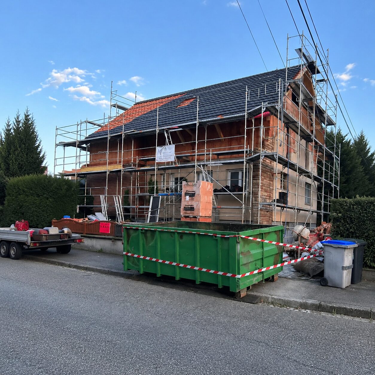 Benne verte posée devant une maison en rénovation avec échafaudage