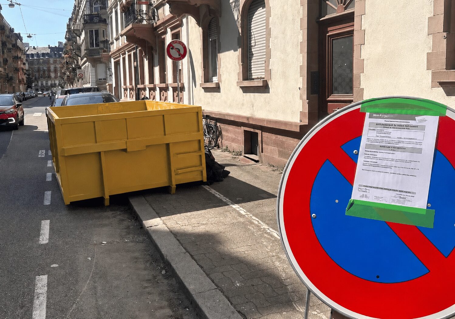 Benne posée dans une rue résidentielle pour vider une maison ou un appartement